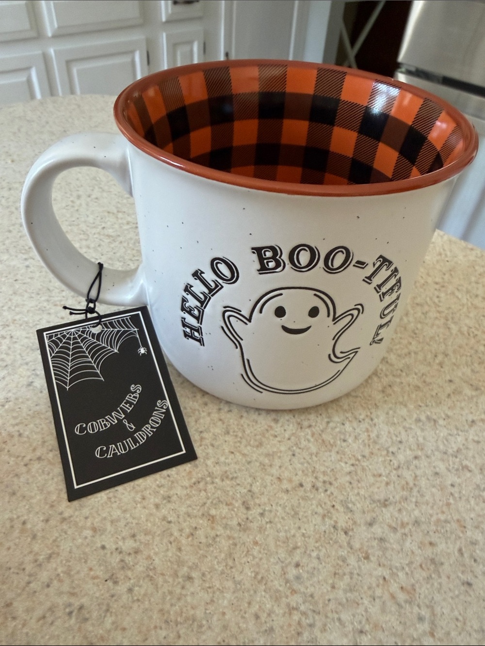 Hello Boo-tiful Ghost Halloween Mug with Orange Plaid Interior NWT